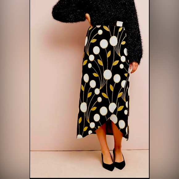 ANTHROPOLOGIE MAEVE BLACK KNIT AND GOLD METALLIC PRINT MIDI SKIRT SIZE LG - Picture 1 of 5